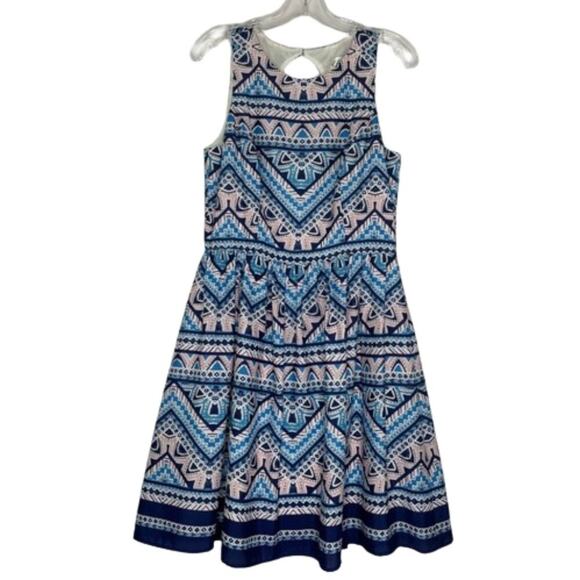 Eliza J sleeveless blue pink pattern keyhole back fit and flare dress size 8 - Picture 1 of 10